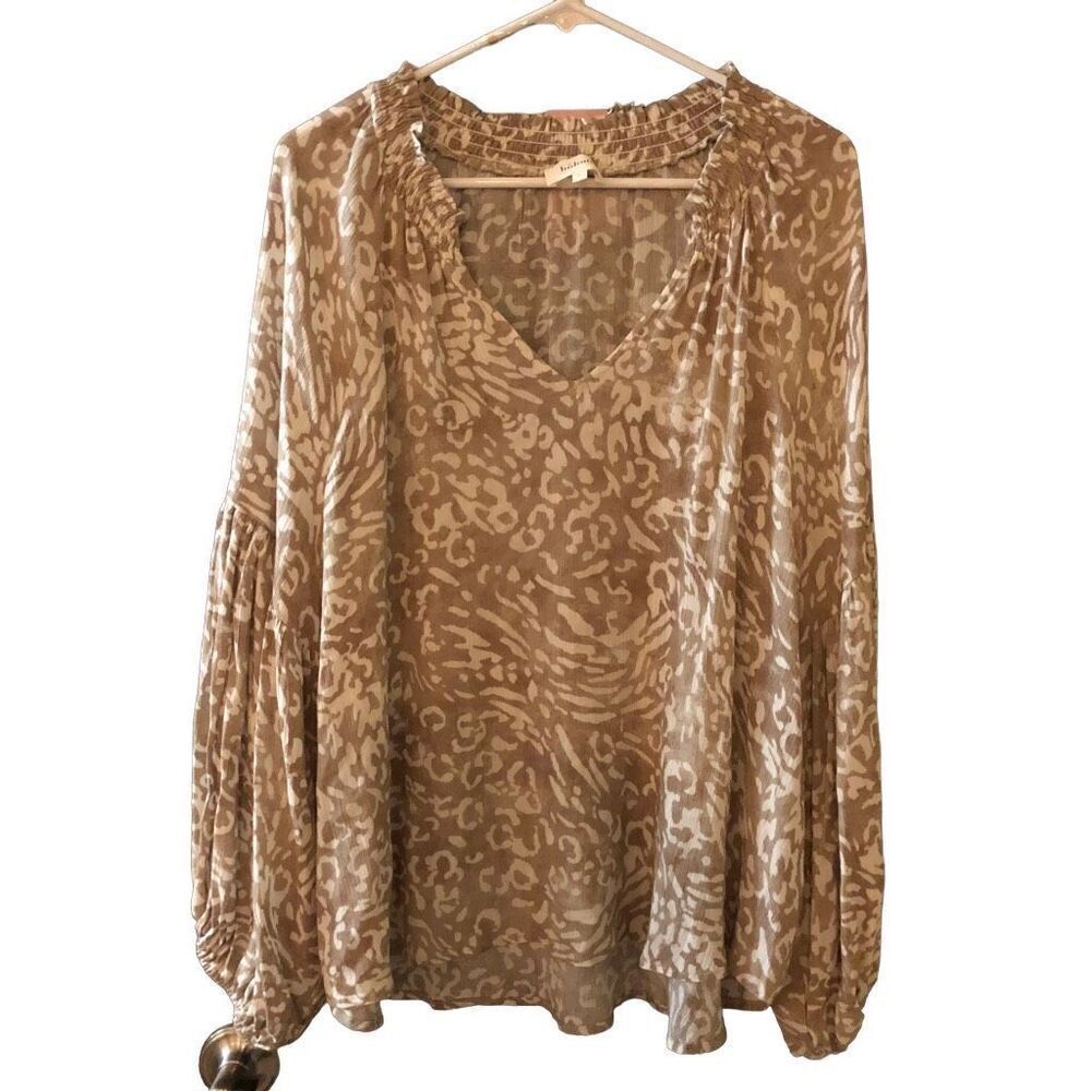 Bohme Womens L Flowy Peasant Blouse Trumpet Sleeve Ditsy Floral Tan Leopard